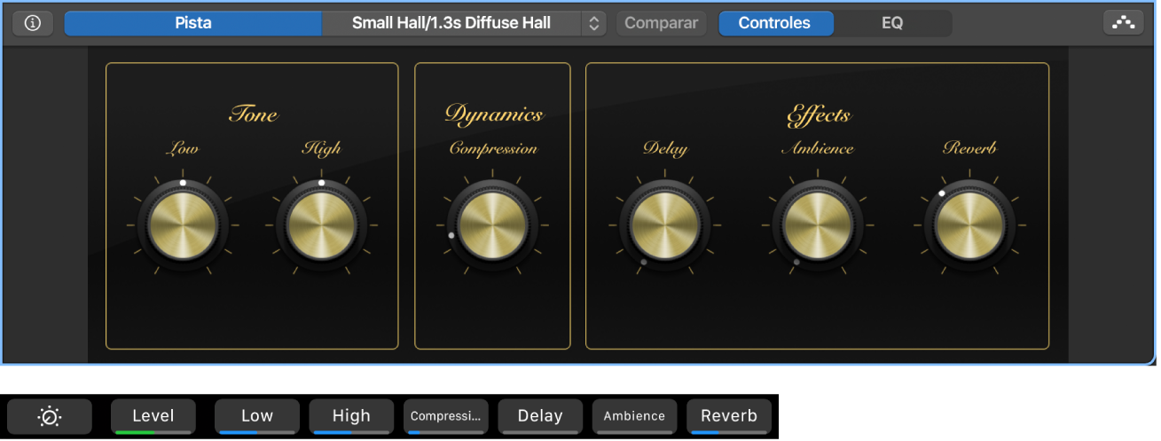 Ilustración. Smart Controls de pista de instrumentos de software y atajos de la pantalla de Smart Controls dinámicos.