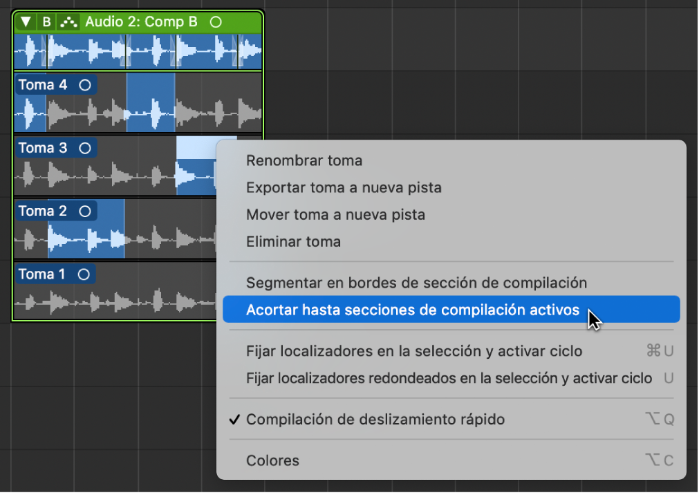 Ilustración. Se está seleccionando “Acortar hasta secciones de compilación activas” en el menú de atajos.