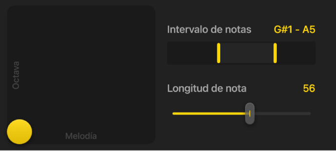 Ilustración. El pad XY y ajustes de nota adicionales para el Synth Bass Player.