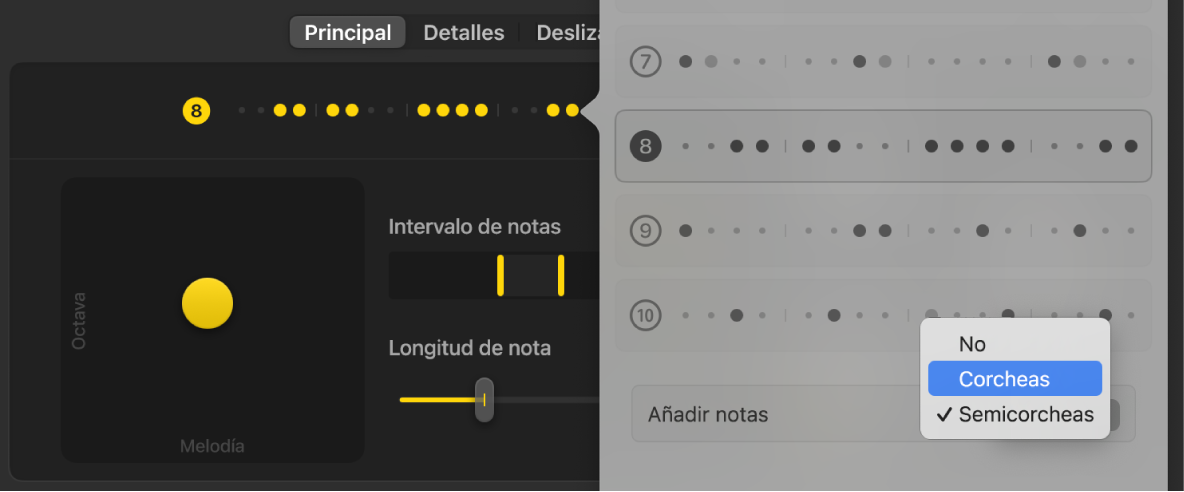 Ilustración. El menú desplegable “Añadir notas” de la ventana Patrones para Sequenced Bass.