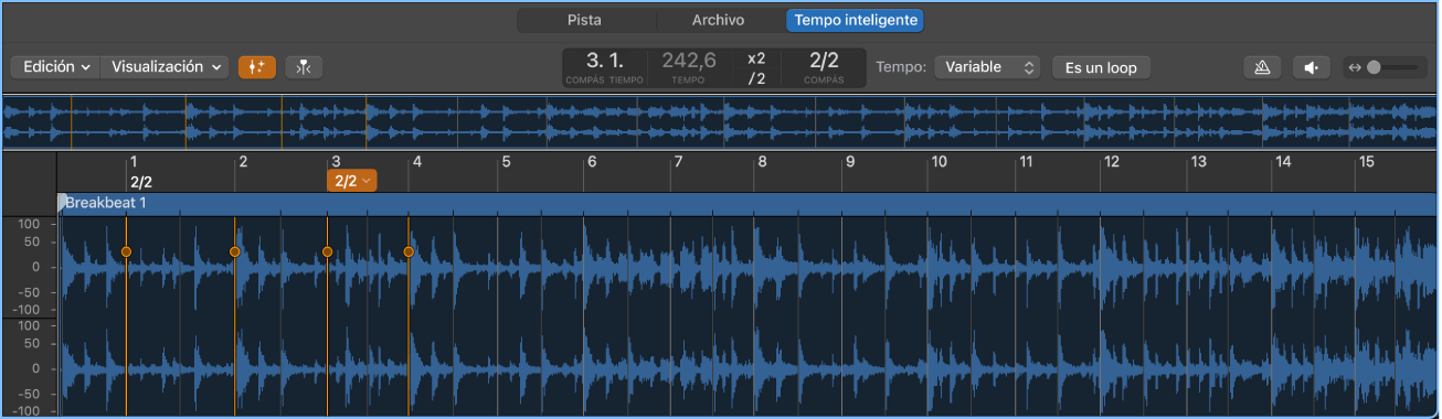 Ilustración. El editor de tempo inteligente con indicación de tiempo fuerte, de tiempo y de compás.