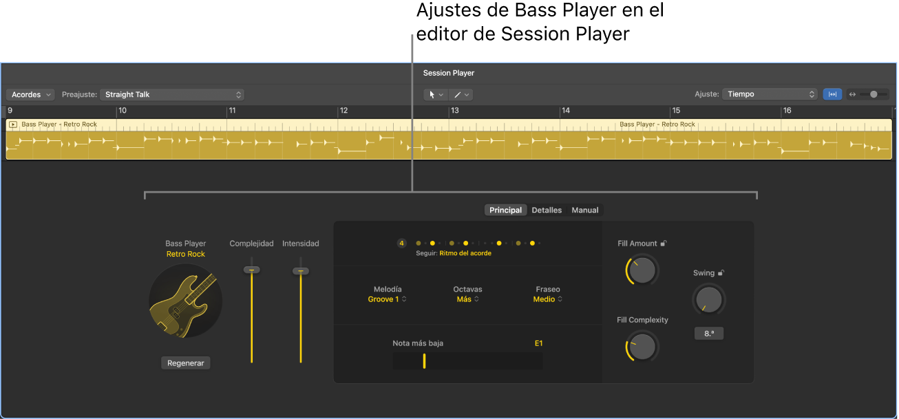 Ilustración. El editor de Session Player con ajustes de Bass Player.
