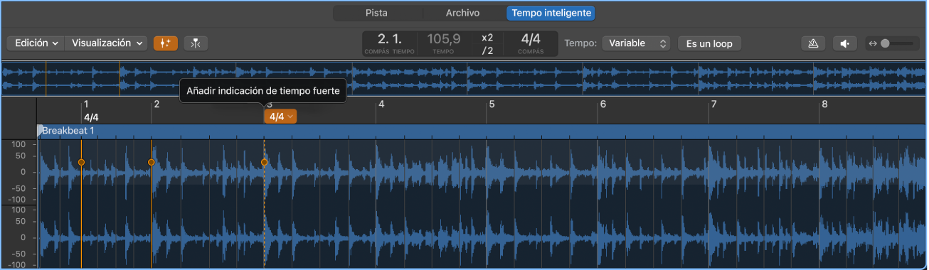 Ilustración. Editor de tempo inteligente con indicaciones de tiempo fuerte y archivo de audio.