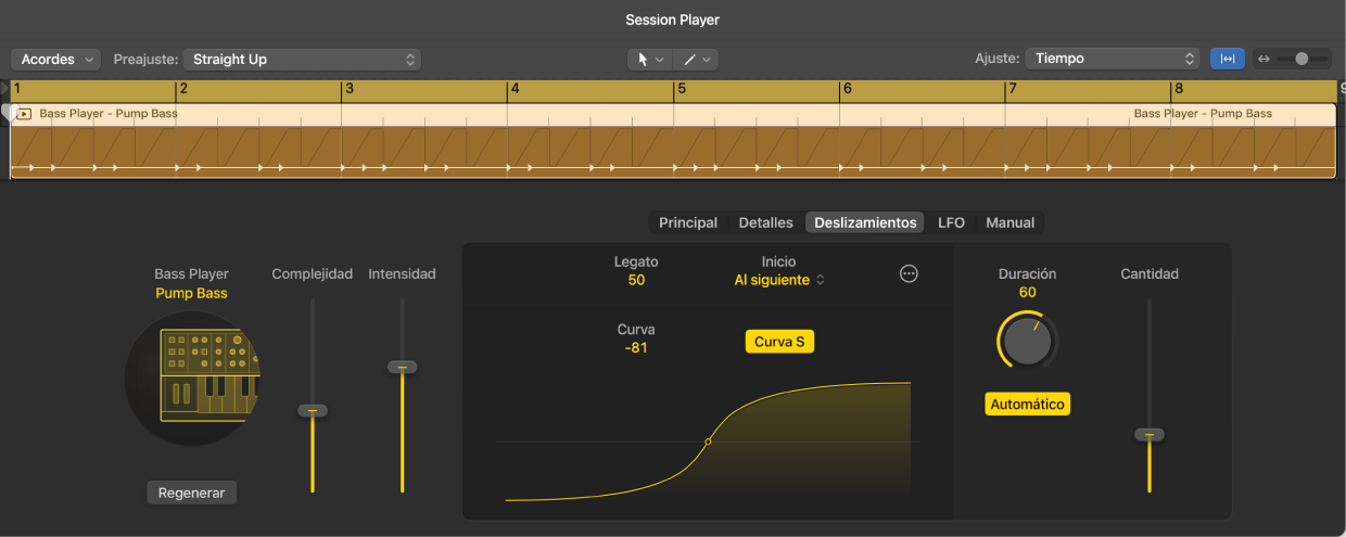 Ilustración. Ajustes de Synth Bass Player en el editor de Session Player.
