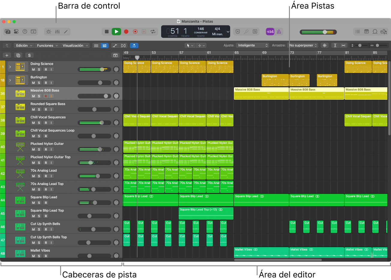 Ilustración. Ventana principal de Logic Pro.