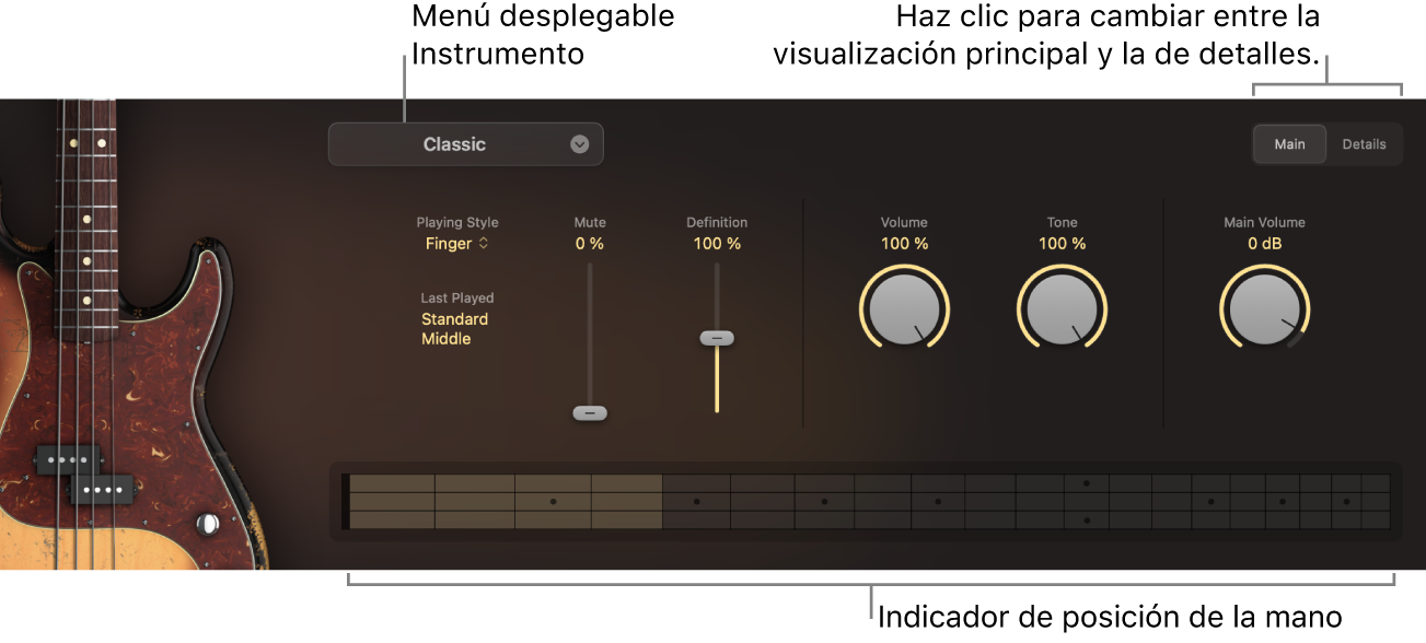 Ilustración. “Studio Bass” con la visualización Principal e indicaciones para el menú desplegable de instrumento, el indicador de posición de la mano y el conmutador Main/Details.