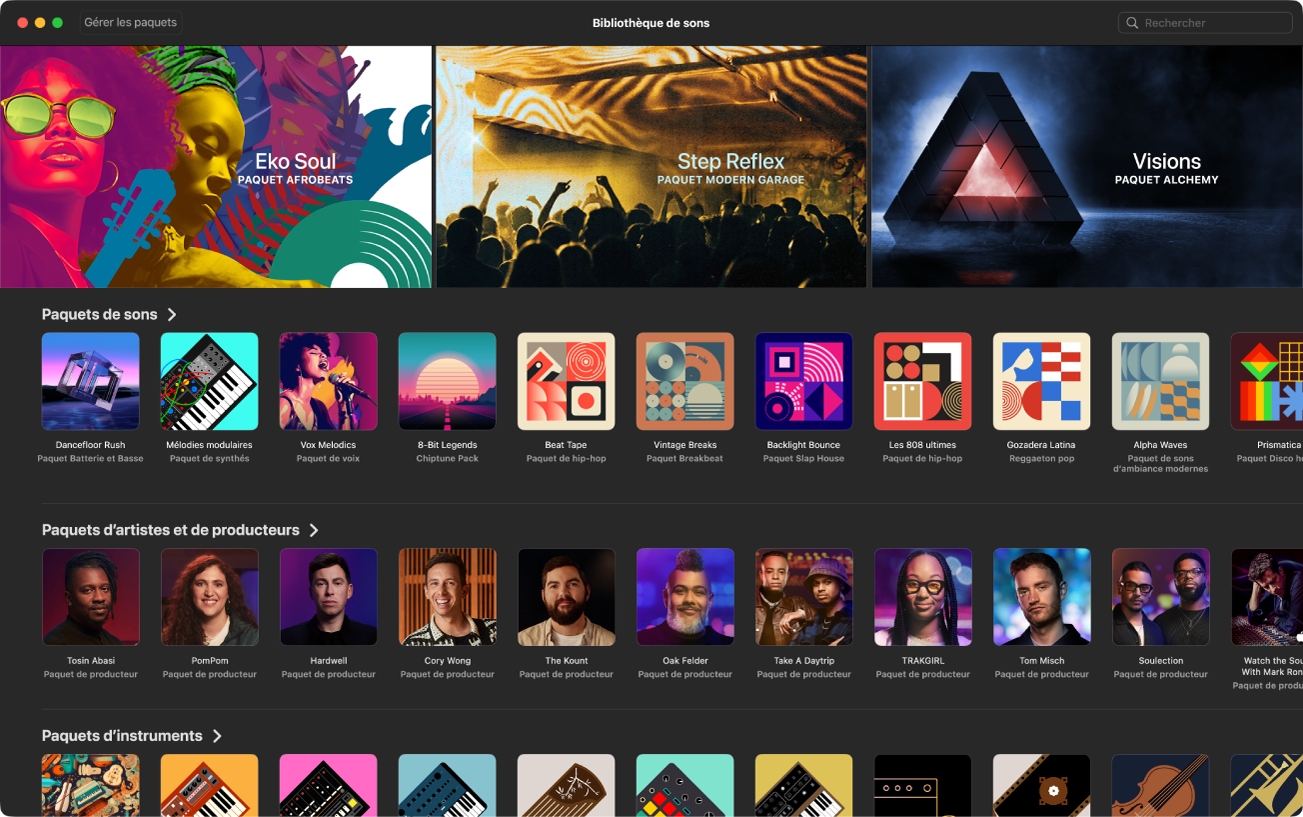 Figure. Bibliothèque de sons dans Logic Pro pour Mac.