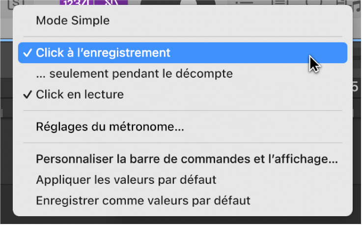 Figure. Menu Métronome avec l’option « Click à l’enregistrement » activée et un pointeur qui sélectionne les réglages Métronome.