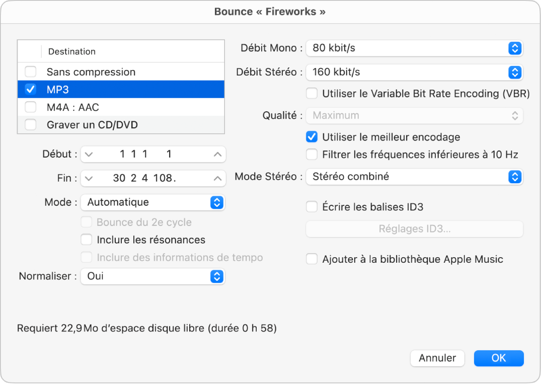 Figure. Options MP3 dans la zone de dialogue Bounce.