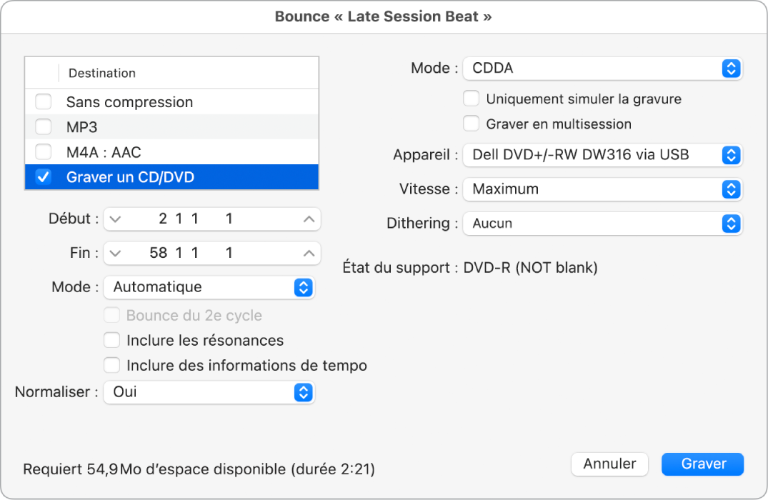 Figure. Options de gravure dans la zone de dialogue Bounce.