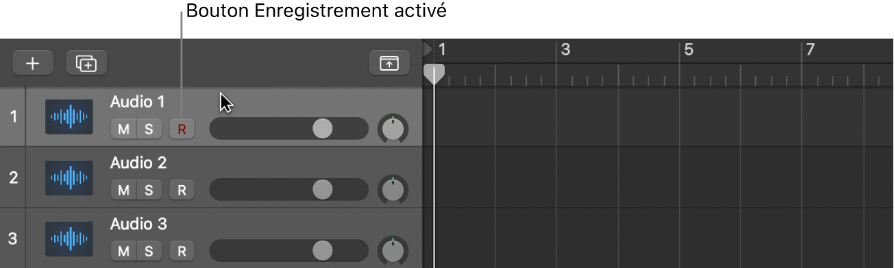 Figure. Sélection de l’en-tête d’une piste audio avec le bouton « Enregistrement activé ».