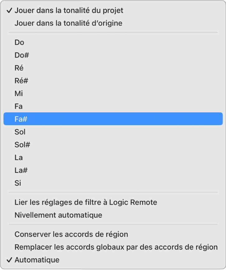 Figure. Menu local Jouer dans la tonalité.
