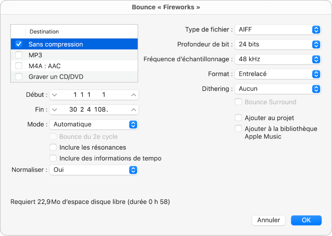 Figure. Options Sans compression dans la zone de dialogue Bounce.