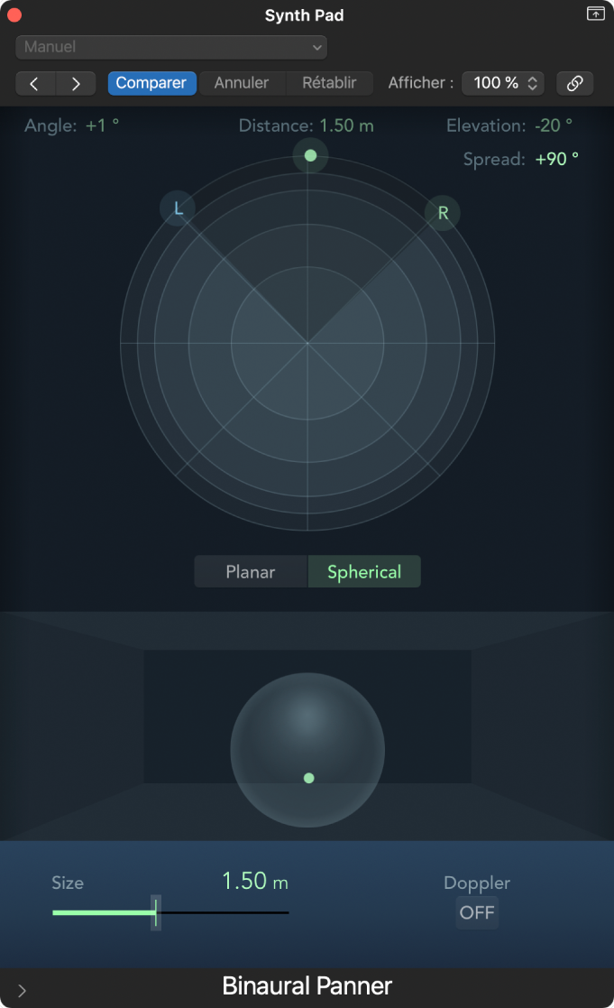 Figure. Mode sphérique dans la fenêtre Panner binaural.