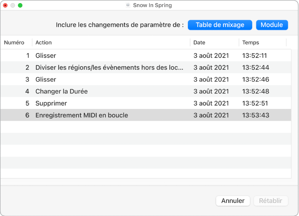 Figure. Fenêtre Historique d’annulation.