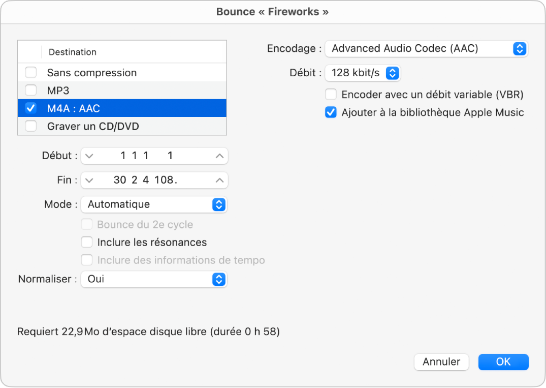Figure. Options de bounce M4A : Options de fichier AAC dans la zone de dialogue Bounce.
