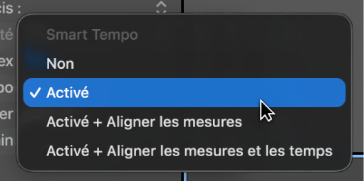 Figure. Menu local Smart Tempo de l’inspecteur de région affichant les choix disponibles.