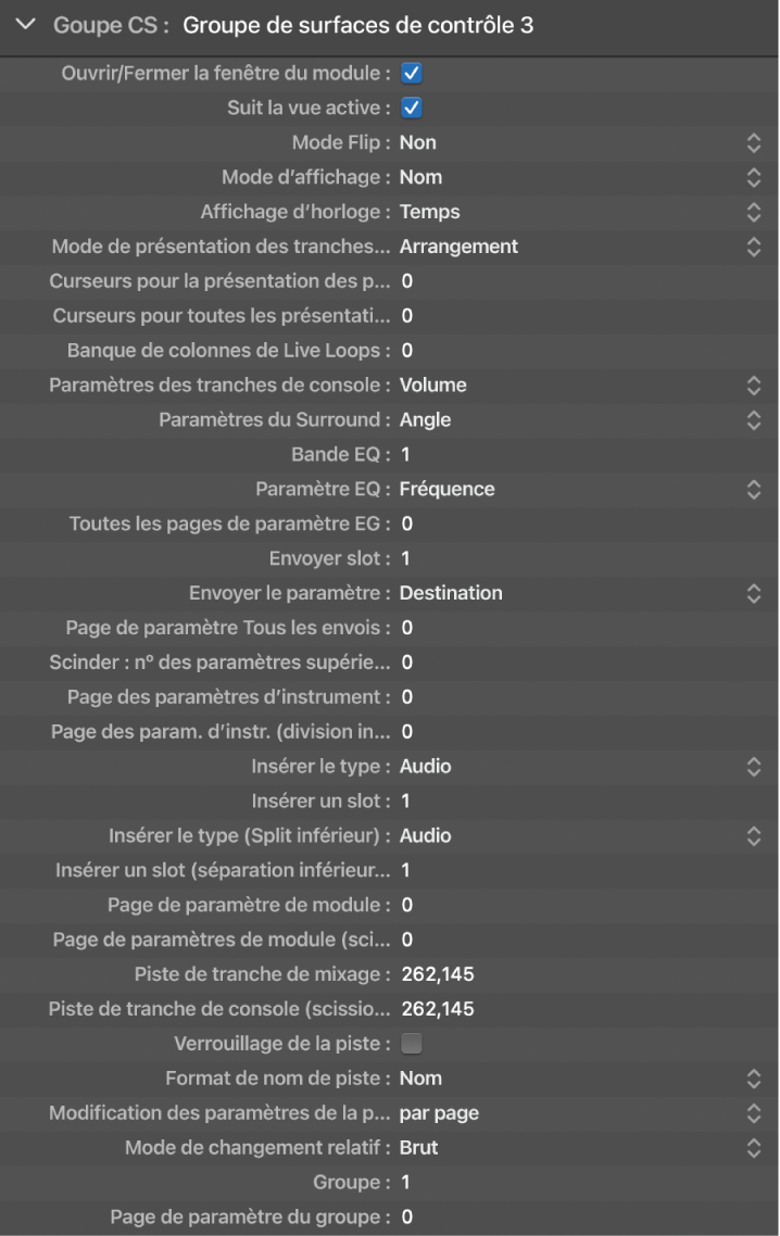 Figure. Paramètres de groupes de la fenêtre Surface de contrôle.