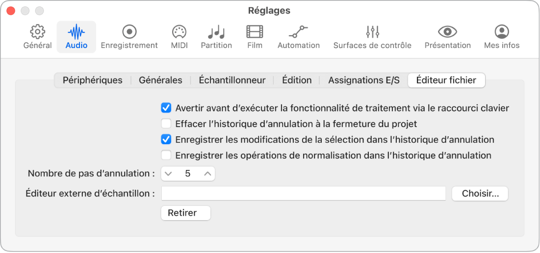 Figure. Réglages de l’éditeur de fichier audio.
