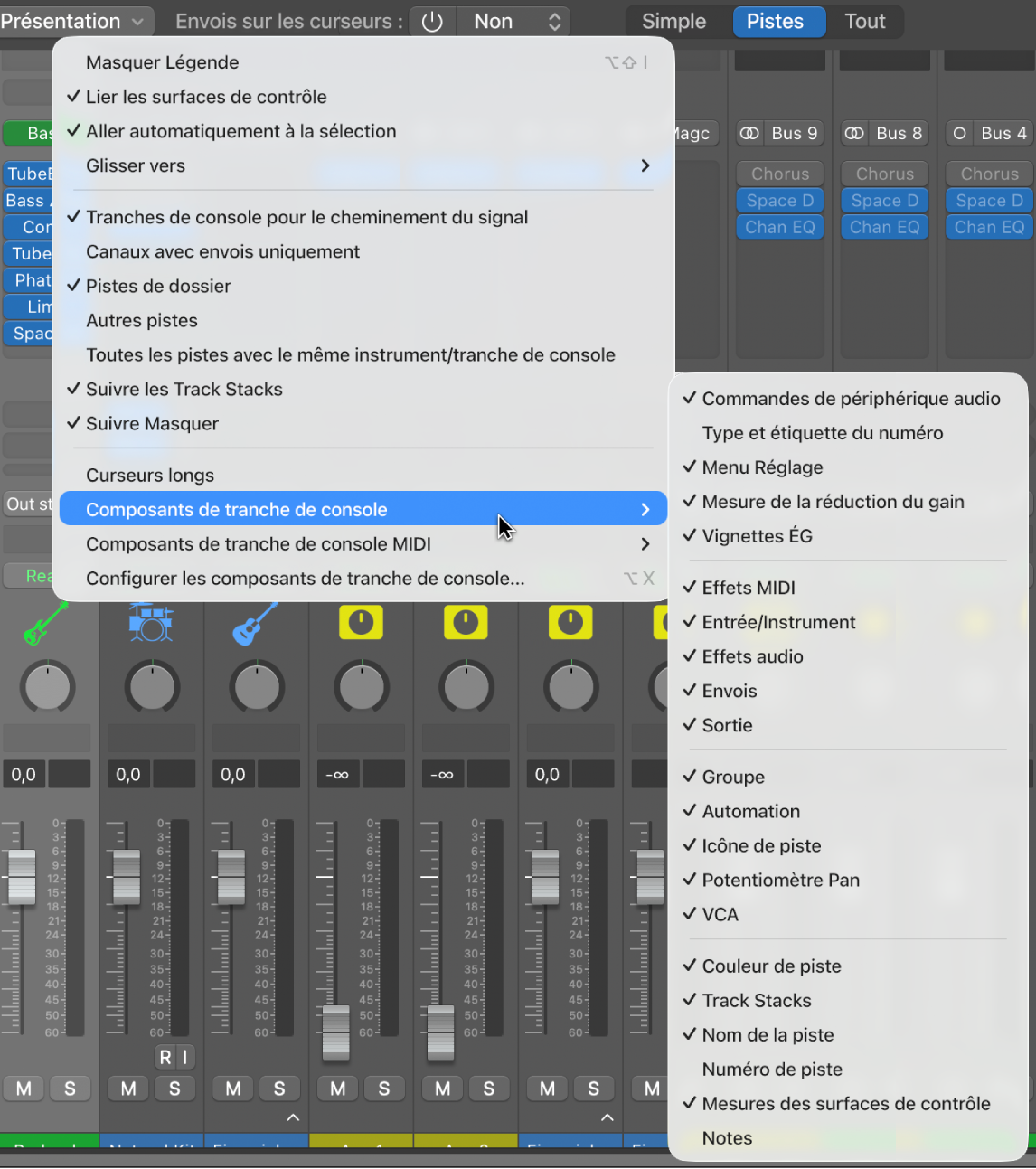 Figure. Sous-menu « Composants de tranche de console » dans le menu Présentation de la table de mixage.