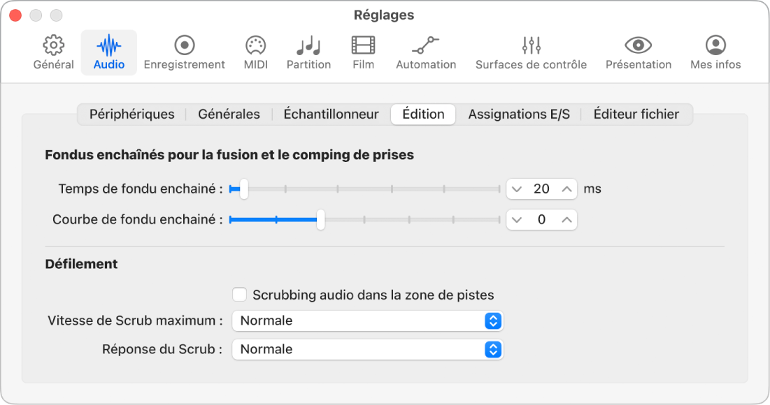 Figure. Réglages d’édition audio.