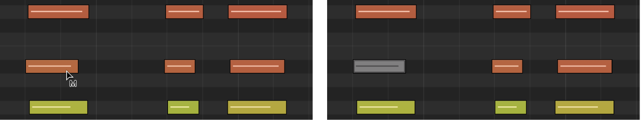 図。ピアノロールエディタでミュートツールを使ってノートをミュートしています。