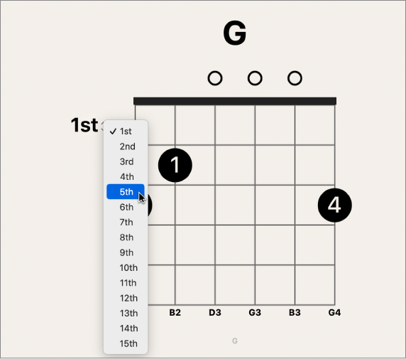 図。ポップアップメニューからのフレット番号の選択。