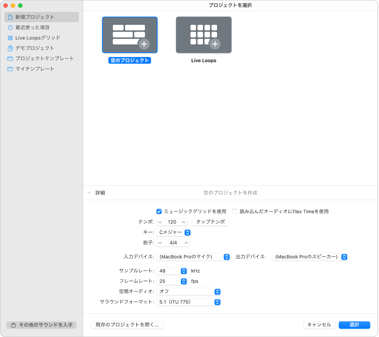 図。プロジェクト選択ウインドウの下半分の詳細、プロジェクトプロパティの設定。