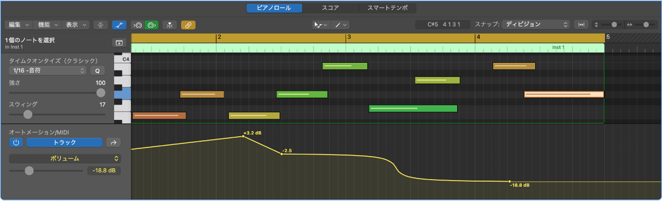図。トラックオートメーションが表示された「オートメーション/MIDI」領域。
