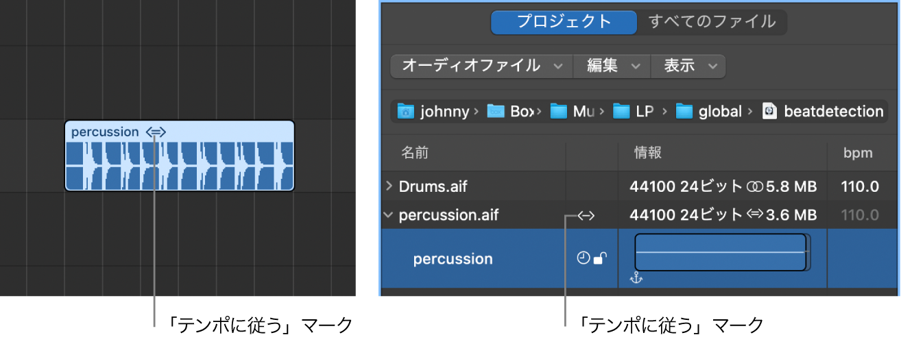 図。オーディオリージョンおよびプロジェクトオーディオブラウザの「テンポに従う」マーク。