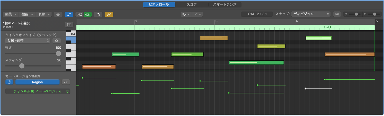 図。リージョンオートメーションがMIDIパラメータで表示された「オートメーション/MIDI」領域。