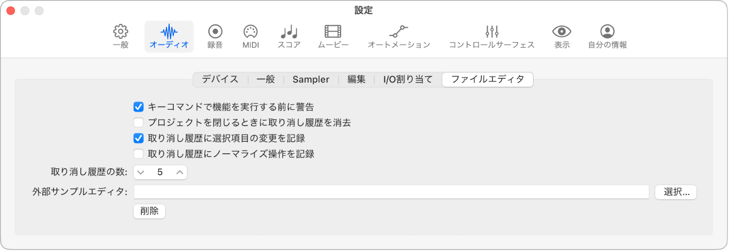図。「オーディオファイルエディタ」設定。