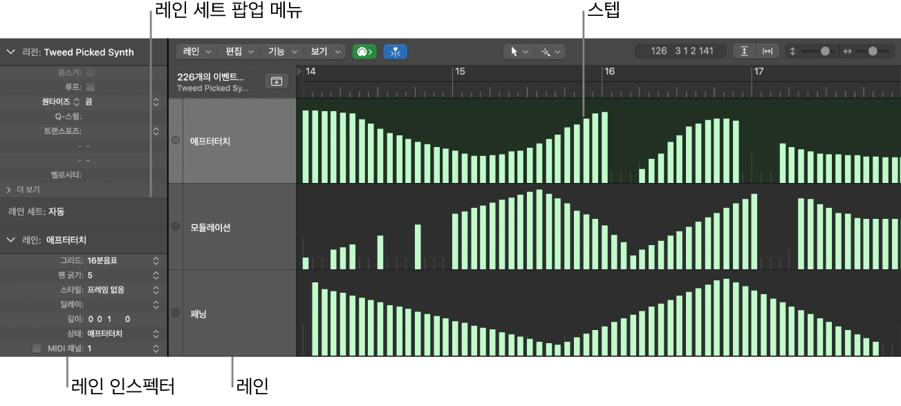 그림. 주요 요소를 표시하는 스텝 편집기 윈도우.