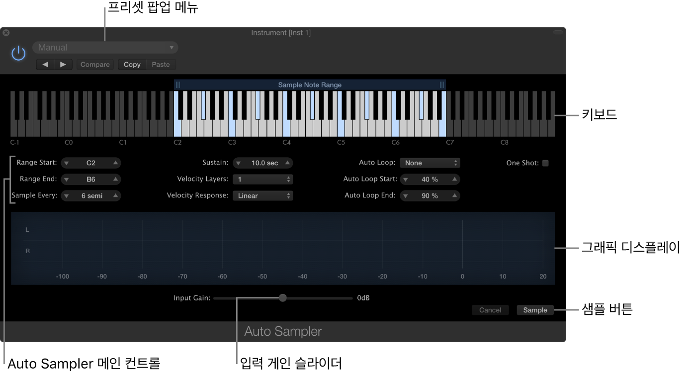 그림. 영역과 컨트롤이 표시되는 Auto Sampler 플러그인 윈도우.