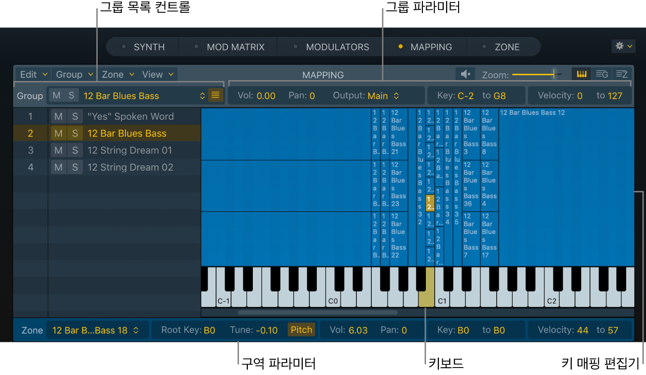 그림. 모든 구역이 표시되는 Sampler 키 매핑 편집기.