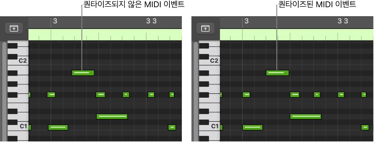 그림. 피아노 롤 편집기에서 퀀타이즈된 MIDI와 퀀타이즈되지 않은 MIDI 이벤트를 보여주는 이미지 쌍.