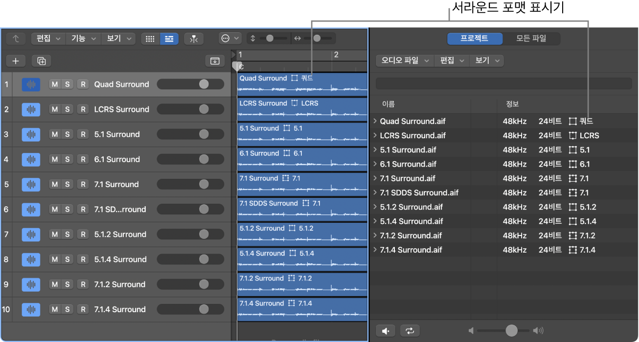 그림. 왼쪽에 보이는 트랙 영역. 리전 헤더에 서라운드 포맷 표시기를 포함한 트랙 레인이 있음. 오른쪽에 보이는 프로젝트 오디오 브라우저. 정보 열에 서라운드 오디오 파일 목록과 해당 서라운드 포맷 표시기가 있음.