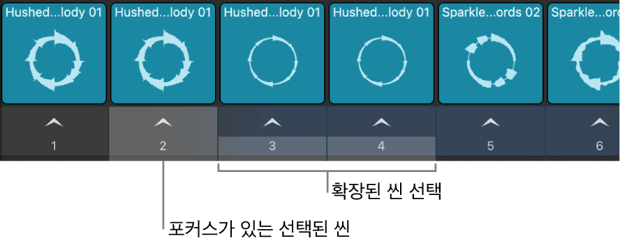 그림. 여러 개의 선택된 씬이 보임.
