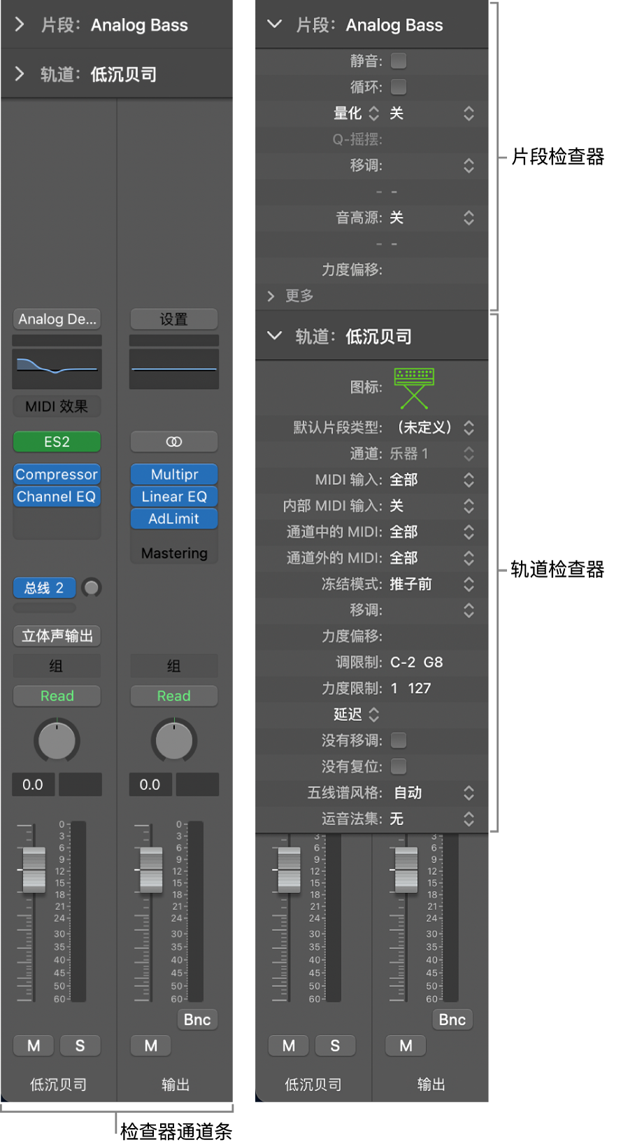图。检查器,显示片段检查器、轨道检查器和检查器通道条。