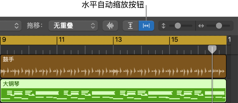 轨道区域菜单栏中的“波形缩放”、“垂直自动缩放”和“水平自动缩放”控制。