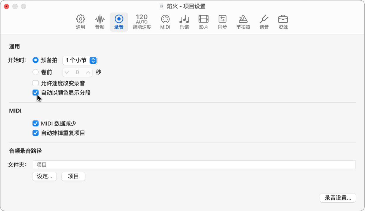 图。选择“录音”项目设置面板中的“自动着色分段”。
