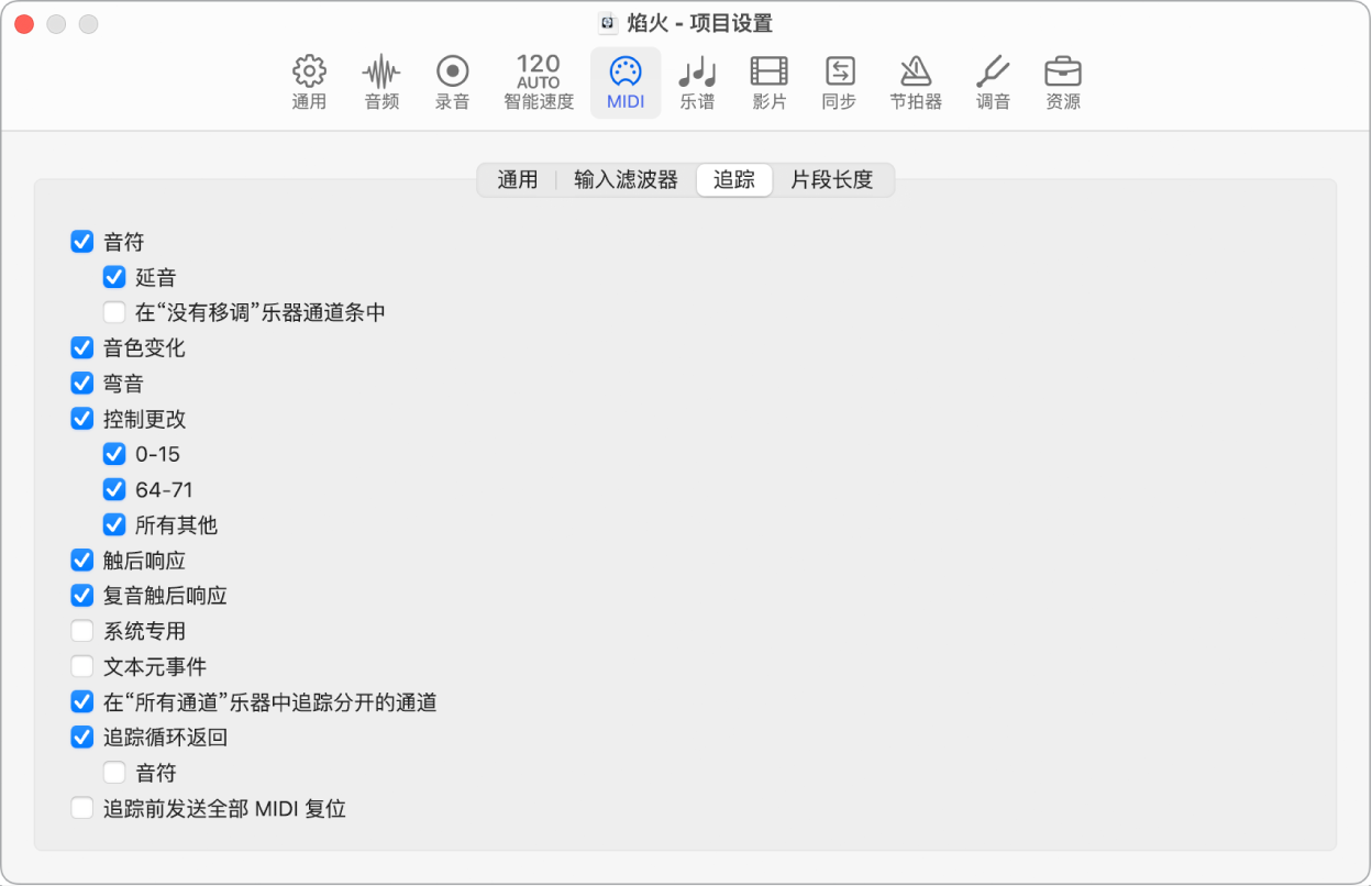 图。“追踪”项目设置。