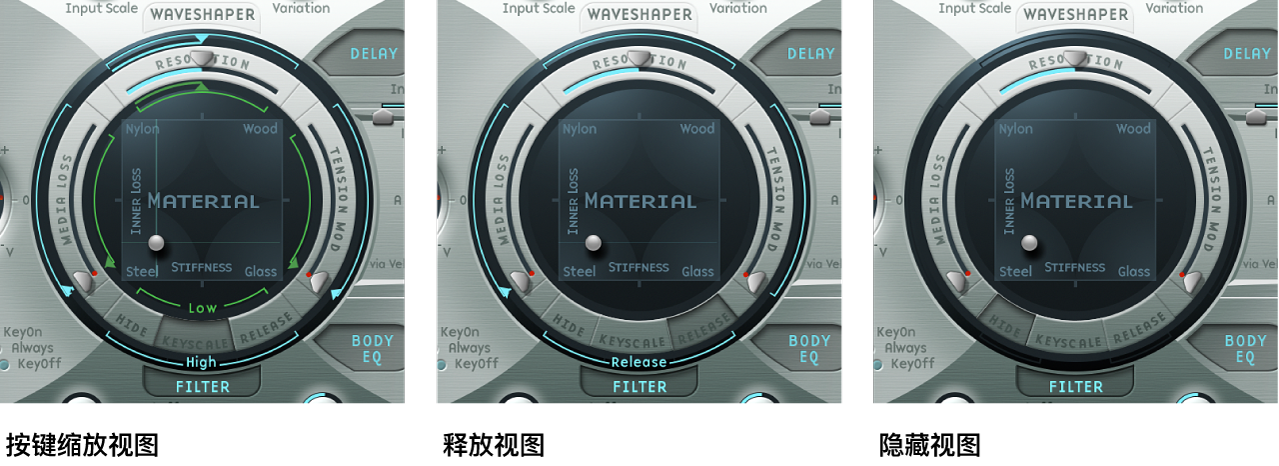 图。“调音阶”、“释放”和“隐藏”视图按钮。