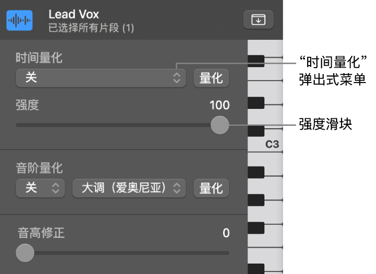 图。“时间量化”弹出式菜单和“强度”滑块。