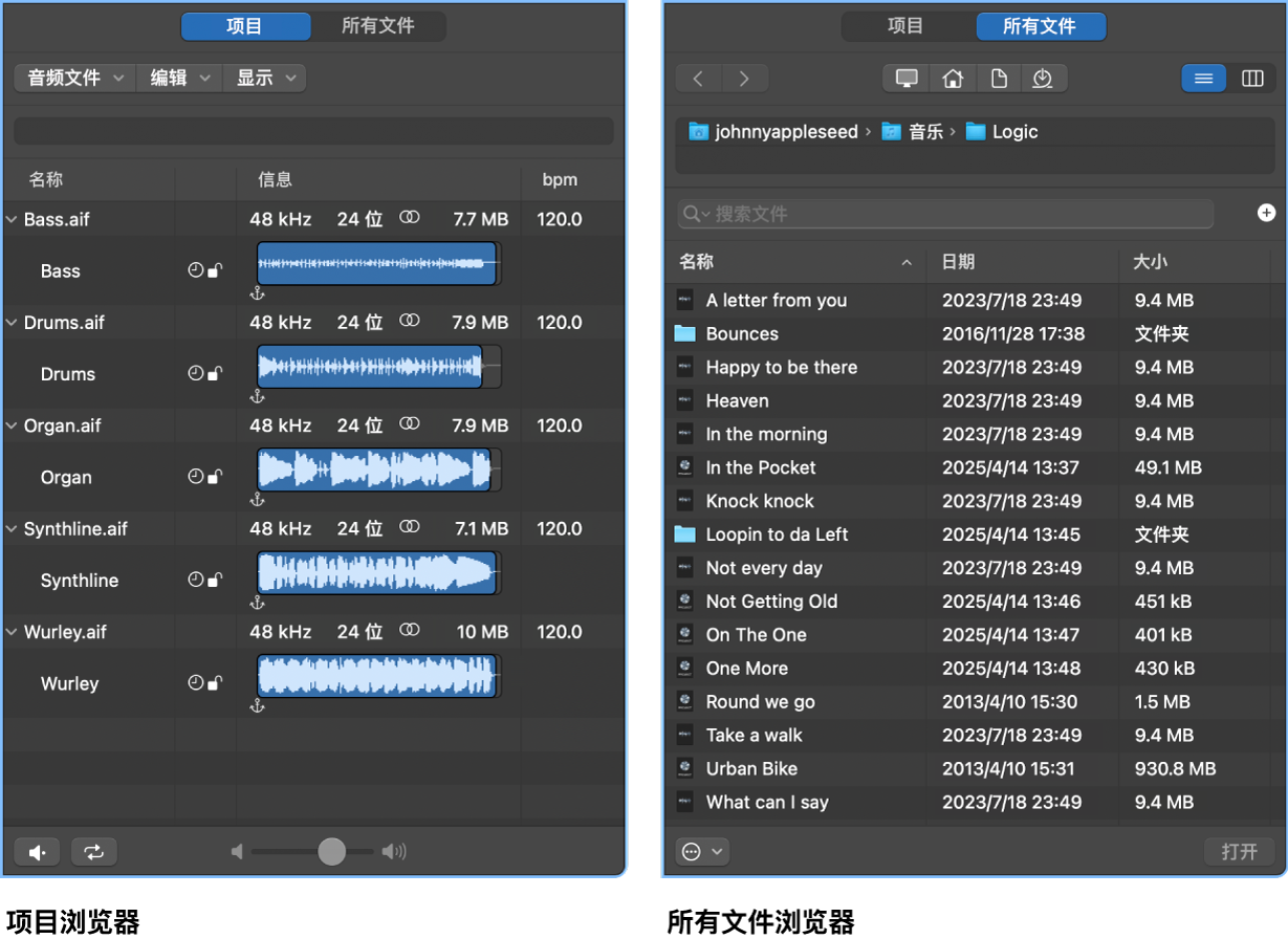 图。项目音频浏览器和所有文件浏览器。