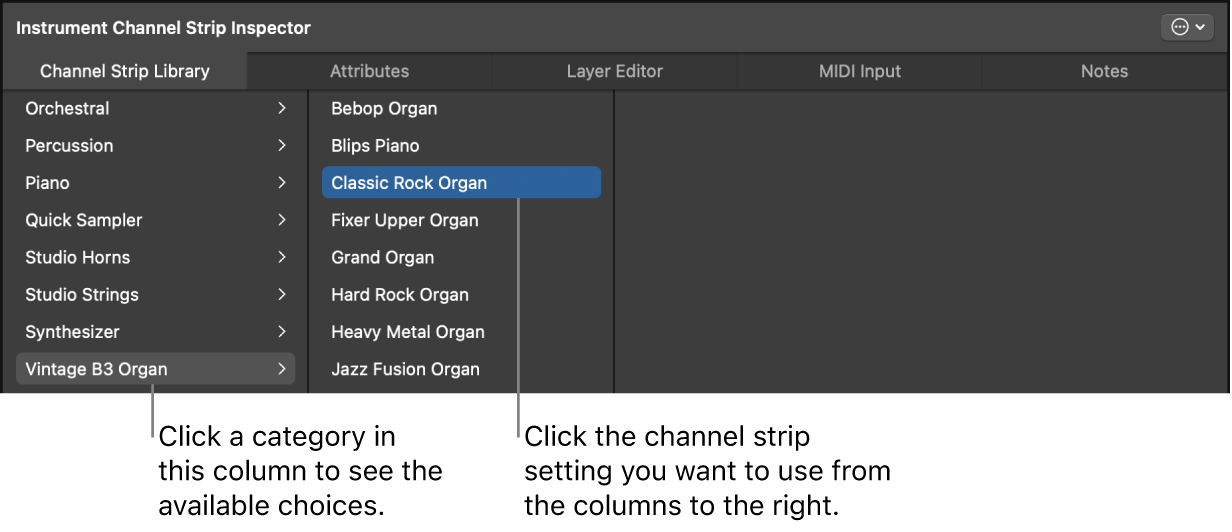 Abbildung. Channel-Strip-Bibliothek mit ausgewähltem Channel-Strip-Setting