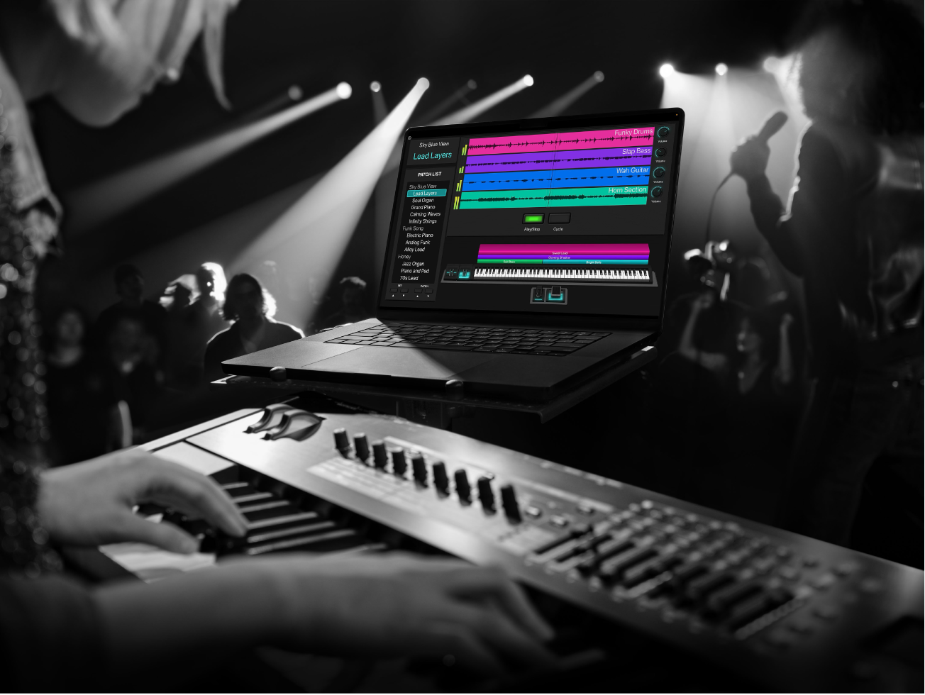 MainStage concert shown on MacBook Pro screen in live concert situation.