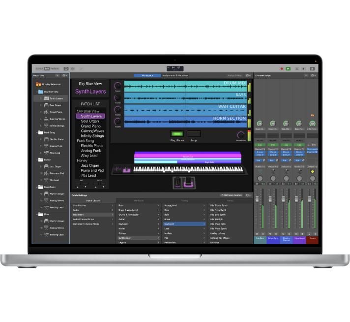 Concierto de MainStage en la pantalla de un MacBook Pro.