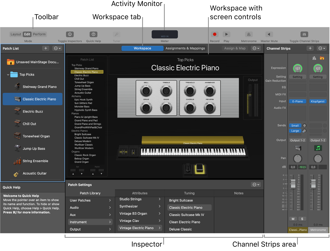 La fenêtre de MainStage, comprenant l’espace de travail, l’inspecteur, la barre d’outils et le moniteur d’activité.