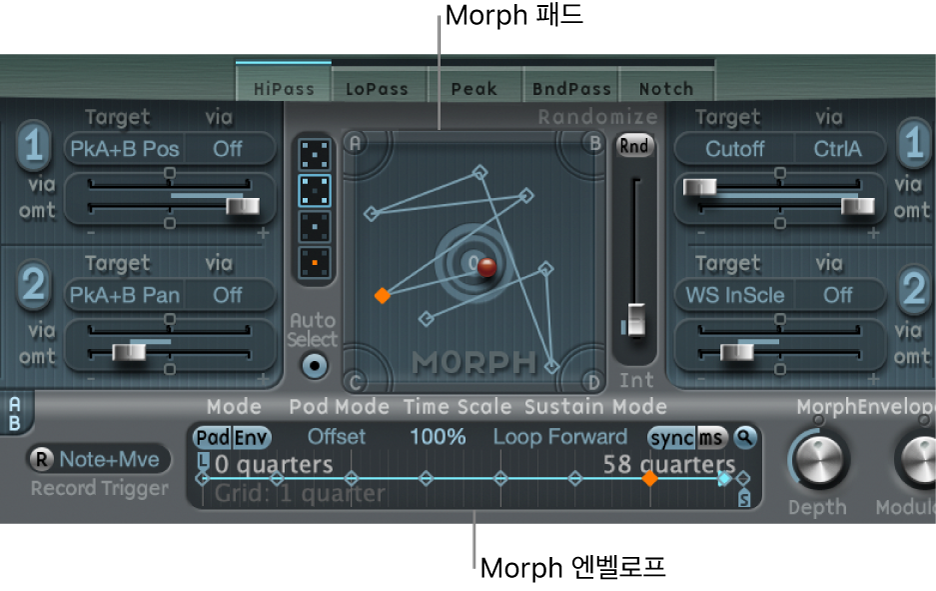 그림. Morph 패드 및 Morph 엔벨로프. 둘 다 선택한 지점을 보여줍니다.